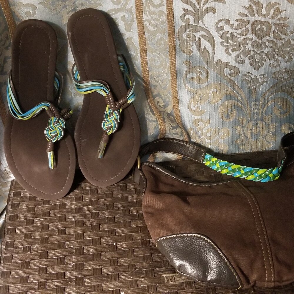Brown Sandals and Bag Set with Braided Accents